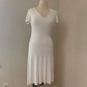Lauren Ralph Lauren White Knit V-Neck Midi Dress